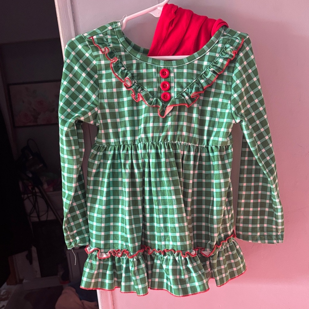 Green Plaid Long Sleeve Dress with Red Accents